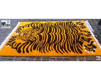 Handknotted Tibetan Tiger Rug  Carpet Runner- Rectangle - 2ftx3ft  - 60x90cm-  Pure Wool - Hand woven Nepal- Yellow Black Mix colour