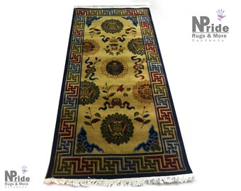 Tibetan Hand knotted rug - Carpet -  Wool -  100 knot -  90x180cm -  3'x6'  - Nepal Handmade -  Yellow Beige colour