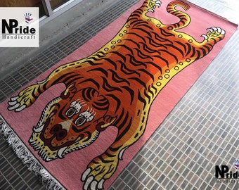 Genuine Handknotted Tiger Rug - Carpet- Runner - Tibetan knot-  Wool  - Pink and Orange Tiger - 90x180cm- Handmade Nepal - Made to Order