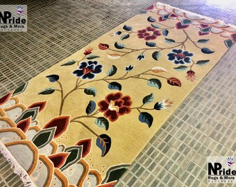 Yellow -Tibetan Floral Area Rug - Carpet - Runner-   Wool  - 90x180cm 3'x6'  - Hand woven Nepal - Hand knotted