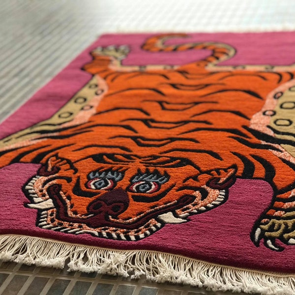Tibetan Tiger Wool Rug Handknotted 2x3ft Authentic Nepal | Buddhist Meditation Carpet