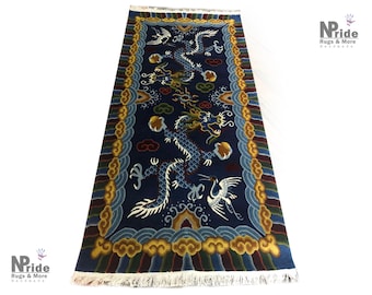 Blue Tibetan Dragon Bird Rug - Carpet -  Rectangle - Runner- Wool-  90x180cm -  3'x6'  - Hand-Knotted