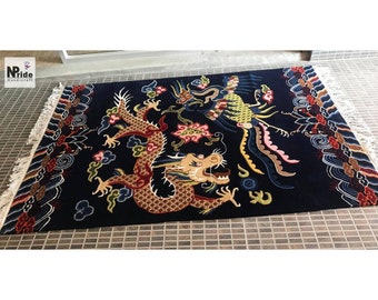 Hand-Knotted Tibetan Dragon Bird Rug - Carpet - Wool -  Rectangle -90x180cm -  3x6ft  -  Handmade Nepal -Multicolour -Made to Order