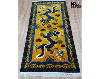 Hand knotted Tibetan Dragon Bird Rug - Carpet -  Rectangle - Runner- Pure Wool-  90x180cm -  3x6ft - Yellow