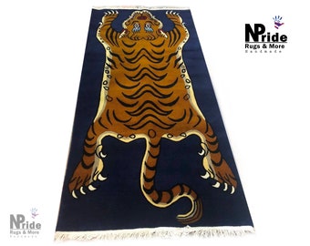 Hand knotted Blue Tiger  Rug Carpet  Runner- Wool -  large - 3ftx6ft - 90cmx180cm - Rectangle Shape - Tibetan handmade in Nepal