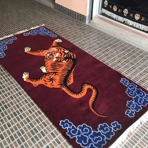 Tibetansk tigerullmatta handknuten orange rödbrun 3 x 6 fot Nepal | Buddhistisk meditationsmatta bild 5