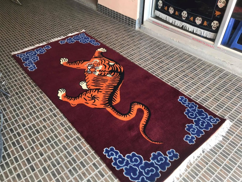 Tibetansk tigerullmatta handknuten orange rödbrun 3 x 6 fot Nepal | Buddhistisk meditationsmatta bild 5