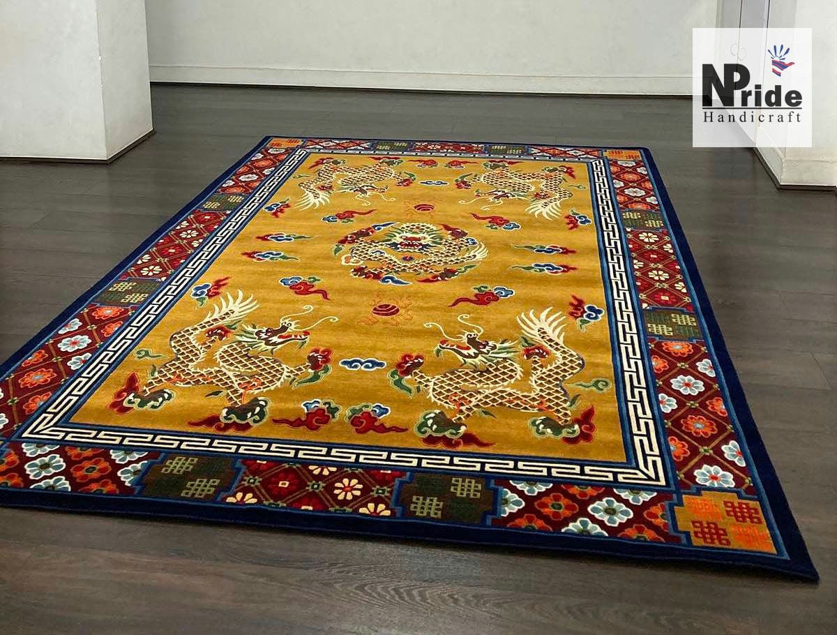 Tibetan Dragon Wool Rug Handknotted Yellow Beige Nepal | Large 