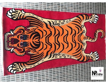 Tibetansk tigerullmatta handknuten orange 3 x 6 fot Nepal | Rektangulär matta för buddhistisk meditation