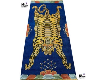 Authentic Blue Hand knotted Tiger  Rug Carpet  Runner- Pure Wool -  large - 3ftx6ft - 90cmx180cm - Rectangle - Hand woven in Nepal