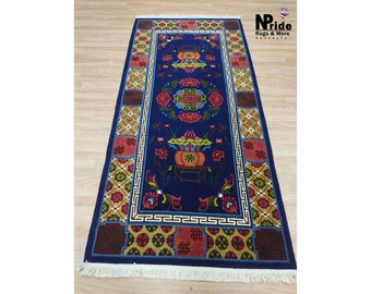 Handknotted Floral Rug - Carpet - Runner -Rectangle - Wool  - 90x180cm - 3ftx6ft  -Nepal Handmade- Home Decor- Blue Multicolour