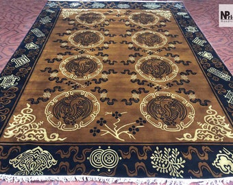 Handknotted Tibetan Bird Rug - Carpet - 100Knot- Rectangle shape - Wool  - Nepal Handmade -Body colour dark yellow- Made to order