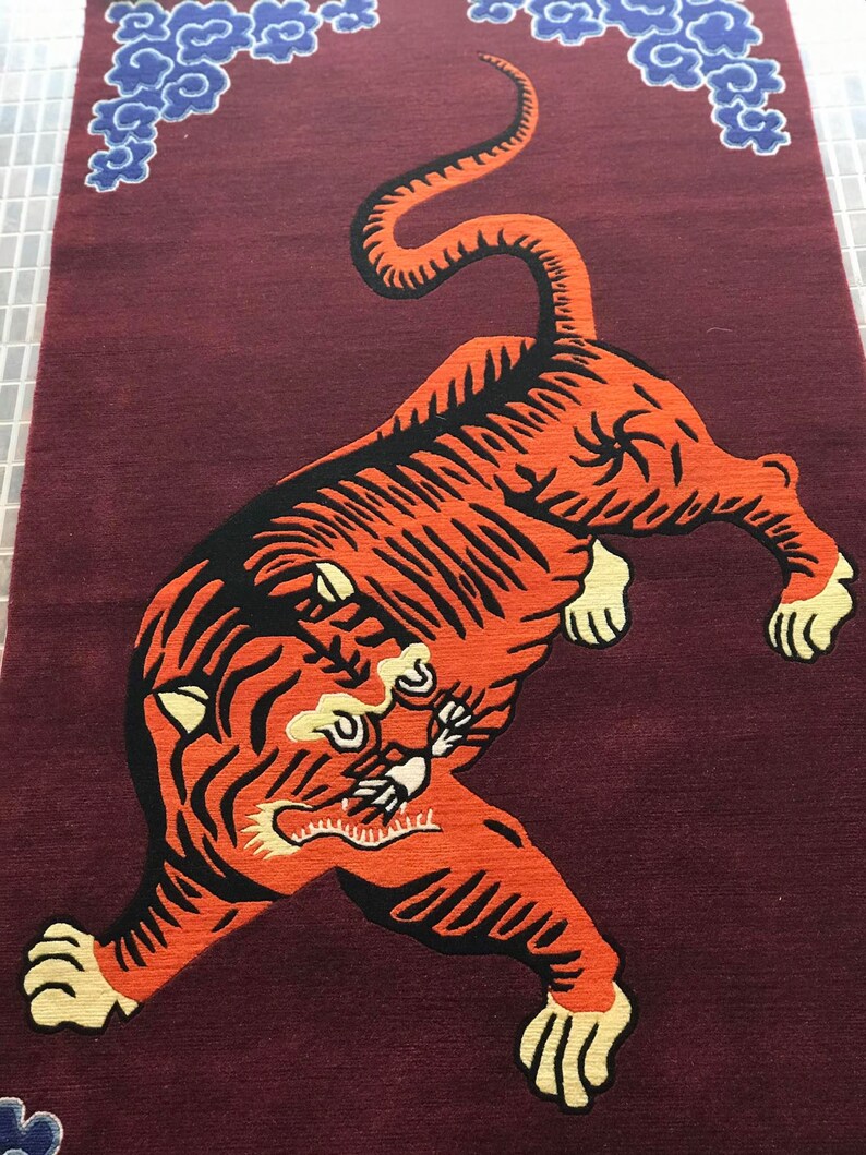Tibetansk tigerullmatta handknuten orange rödbrun 3 x 6 fot Nepal | Buddhistisk meditationsmatta bild 3