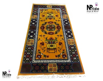 Authentic Handknotted Rug- Tibetan Floral  Carpet - Runner-  Wool  - 90x180cm 3x6ft  - Handmade Nepal