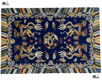 Handknotted 5 Dragon Rug - Carpet  -Rectangle shape - Wool  - Different sizes - Tibetan Nepal Handmade - Multi blue colour- Made to order