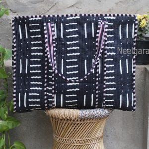 Tote Bag Stylish Cotton Quilted Tote Bag, Lightweight Shopping Shoulder Bag, Strip Dot Printed Tote Bag