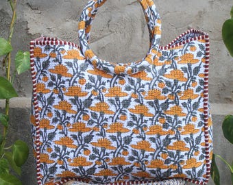 Handmade Floral Block Printed Cotton Tote Bag: Quilted Carry Bag