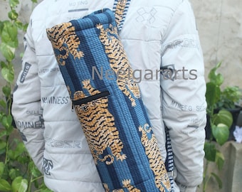 Quilted Cotton Yoga Mat Bag: Tiger Print, Adjustable Strap, Gym Bag