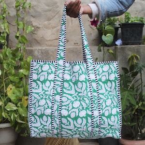 Hand Block Print Quilted Cotton Tote Bag: Large Floral Boho Purse