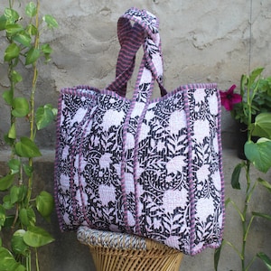 Outdoor Tote Bag, Cotton Quilted Hand Block Printed Shoulder Tote Bag, Lightweight Durable Shopping Handbag