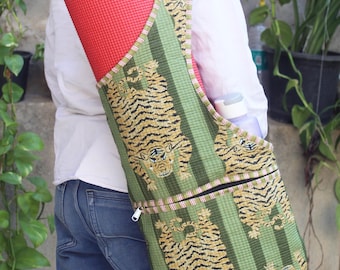 Quilted Yoga Mat Bag: Green Tiger Print Cotton Gym Bag