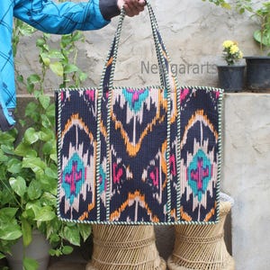 Quilted Multicolor Ikat Printed Tote Bag Indian Handmade Black Multi Hand Bag Shopping Bag Woman Tote Shoulder Bag - Neelgar Arts