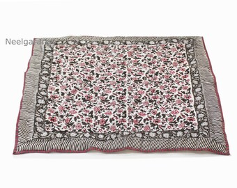 Handmade Floral Print Cotton Baby Quilt – Block Printed Boho Razai (40x40 inches)