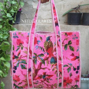 Samt Gesteppter Vogel Gedruckt Einkaufstasche Indische Handarbeit Rosa Farbe Handtasche Einkaufstasche Frau Tote Schultertasche - Neelgar Arts