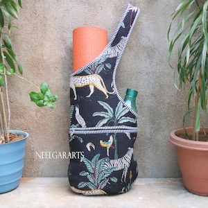 Schwarz Dschungel Print Yogamatten Tasche: Handgenähte, gesteppte Baumwolltasche