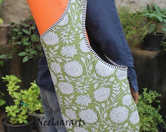 Handgemachte Grüne Gesteppte Yogamatten Tasche: Indische Baumwolltasche