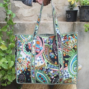 Quilted Paisley Tote Bag: Floral Printed Cotton Handbag