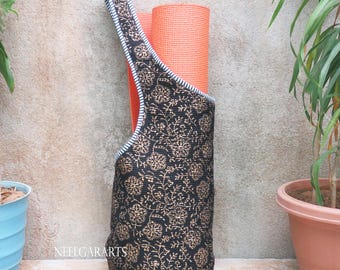 Sac à Tapis De Yoga Imprimé Floral - Noir Et Or - Fabriqué En Inde