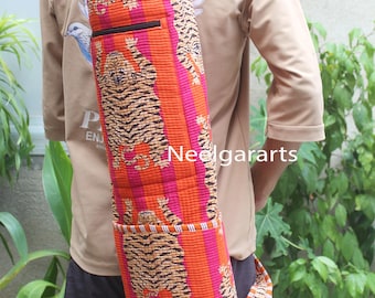 Sac orange pour tapis de yoga en coton matelassé : imprimé tigre