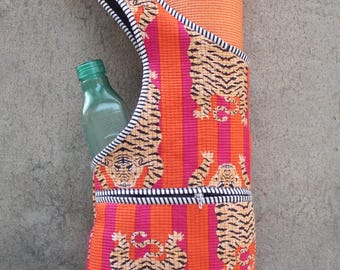 Quilted Cotton Yoga Mat Bag: Orange Tiger Print Gym Bag with Pocket