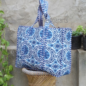 Quilted White Blue Floral Printed Tote Bag Indian Hand Bag Floral Printed Shopping Bag Woman Tote Shoulder Bag - Neelgar Arts