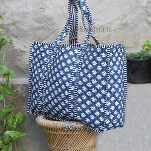 Quilted Multicolor Indigo White Floral Printed Tote Bag Indian Hand Bag Floral Printed Shopping Bag Woman Tote Shoulder Bag - Neelgar Arts