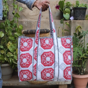 Bold Red Floral Quilted Tote Bag Handcrafted Cotton Shopper with Intricate Mosaic Pattern Spacious Eco Carryall for Casual  All-day utility