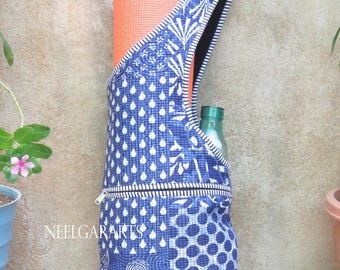 Handmade Indigo Patchwork Yoga Mat Bag: Quilted Cotton Gym Tote