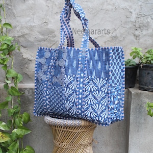 Quilted Patchwork Print Tote Bag Indian Hand Bag  Indigo White Floral Printed Shopping Bag Woman Tote Shoulder Bag - Neelgar Arts