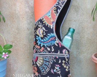 Floral Printed Yoga Mat Bag, Handmade Quilted Cotton Gym Tote