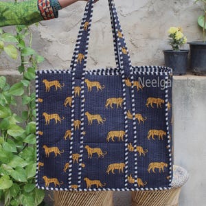 Indian Handmade Hand Bag Quilted Animal Printed Tote Bag Black Shopping Bag Woman Tote Shoulder Bag - Neelgar Arts