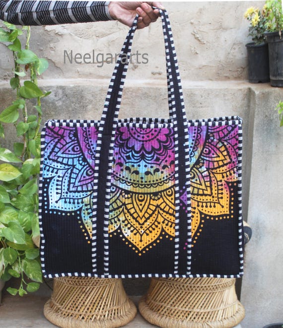 Women Tote Hand Bag Quilted Mandala Printed Bag Indian Shopping