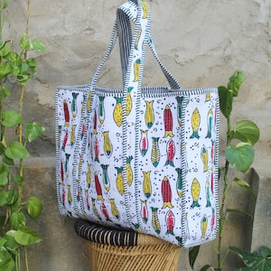 Hand-block Tote Bag,Cotton Quilted Lightweight Tote Bag, Outdoor Shopping Stylish Tote Bag, Beautiful Fish Print