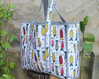 Hand-block Printed Quilted Tote Bag: Cotton Fish Print