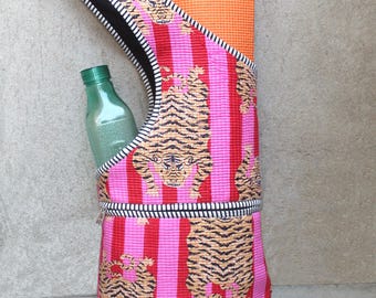 Bolsa para esterilla de yoga acolchada con estampado de tigre: bolsa de algodón hecha a mano