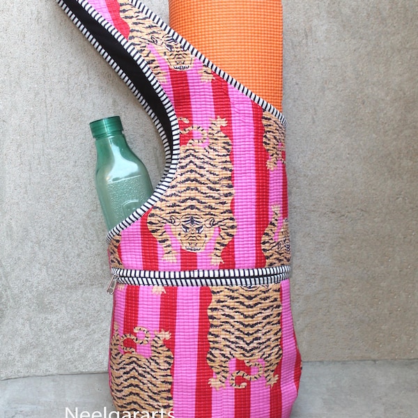 Bolsa para esterilla de yoga acolchada con estampado de tigre: bolsa de algodón hecha a mano