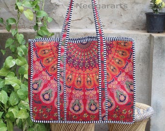 Quilted Mandala Tote Bag: Red Printed Cotton Handbag
