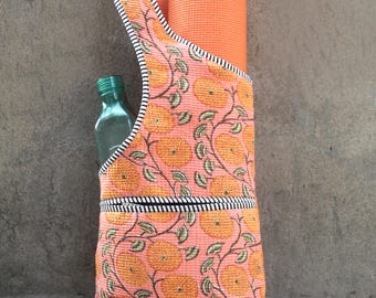 Handmade Orange Floral Quilted Yoga Mat Bag: Indian Cotton Gym Tote