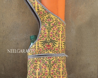 Gesteppte Yogamattentasche aus Baumwolle mit Blumenmuster und Reißverschluss