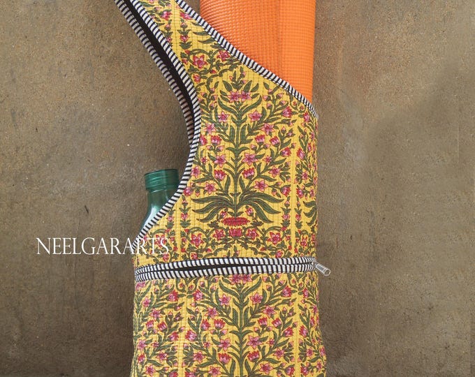 Quilted Cotton Yoga Mat Bag: Floral Print Gym Tote with Zipper